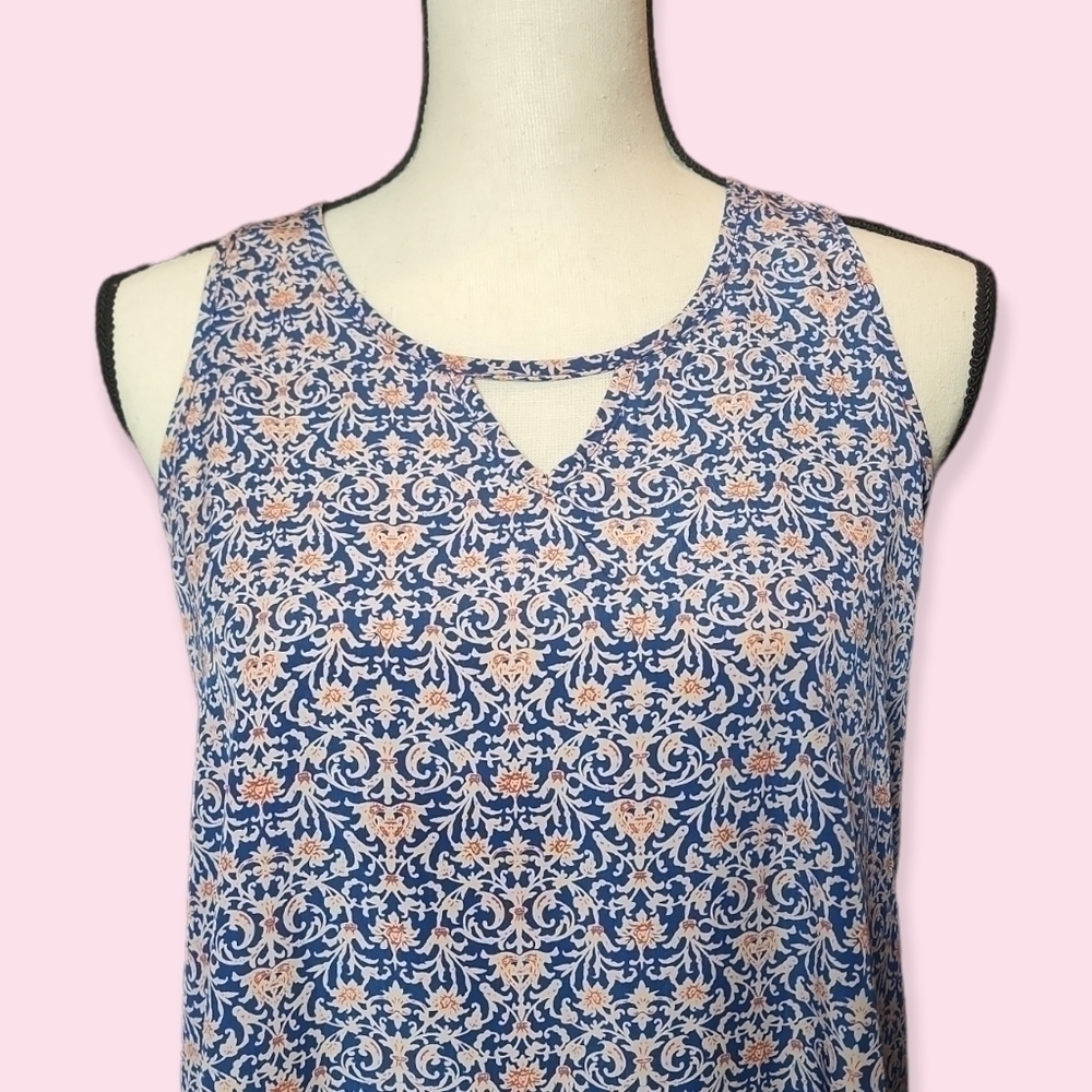 Lush Sleeveless Boho Blouse - Peekaboo Back Blue Orange Hi Lo Hem S